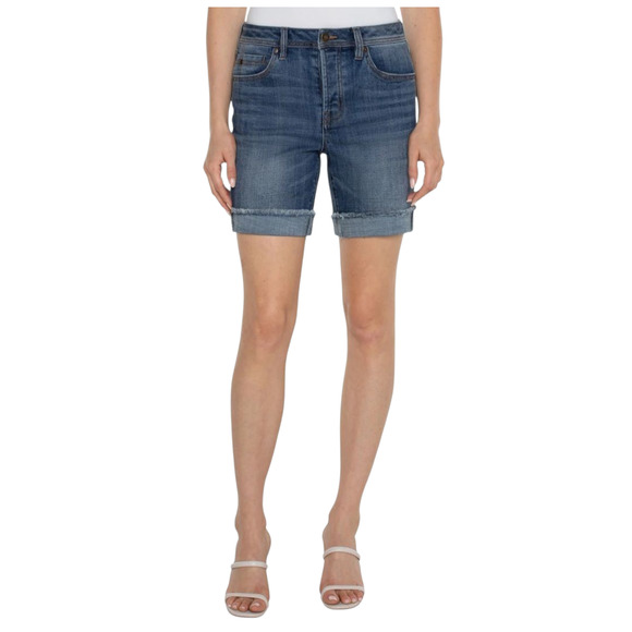 Liverpool Boyfriend Keeper Denim Jean Shorts Fray Rolled Cuff Button Fly 14 32 - Picture 1 of 11